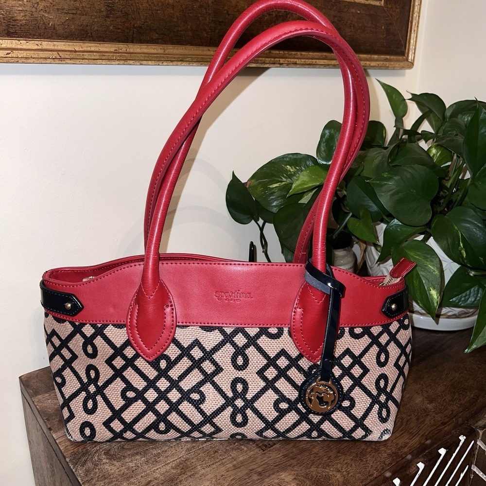Spartina 449 Linen & Leather Handbag, Geometric Print‎ East West Black Red & Tan